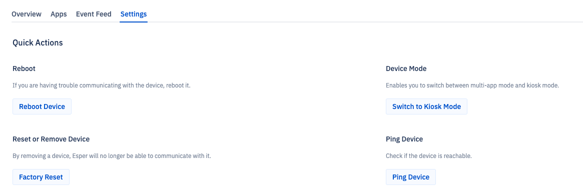 The Settings tab of a tvOS device in Esper, showing four Quick Actions: Reboot Device, Factory Reset, Switch to Kiosk Mode, and Ping Device.