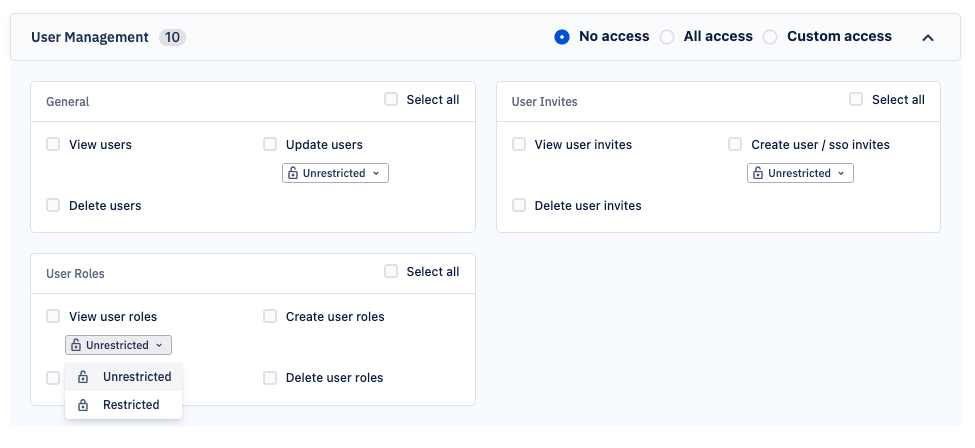 Custom Role screen showing user management with unrestricted and restricted permissions 