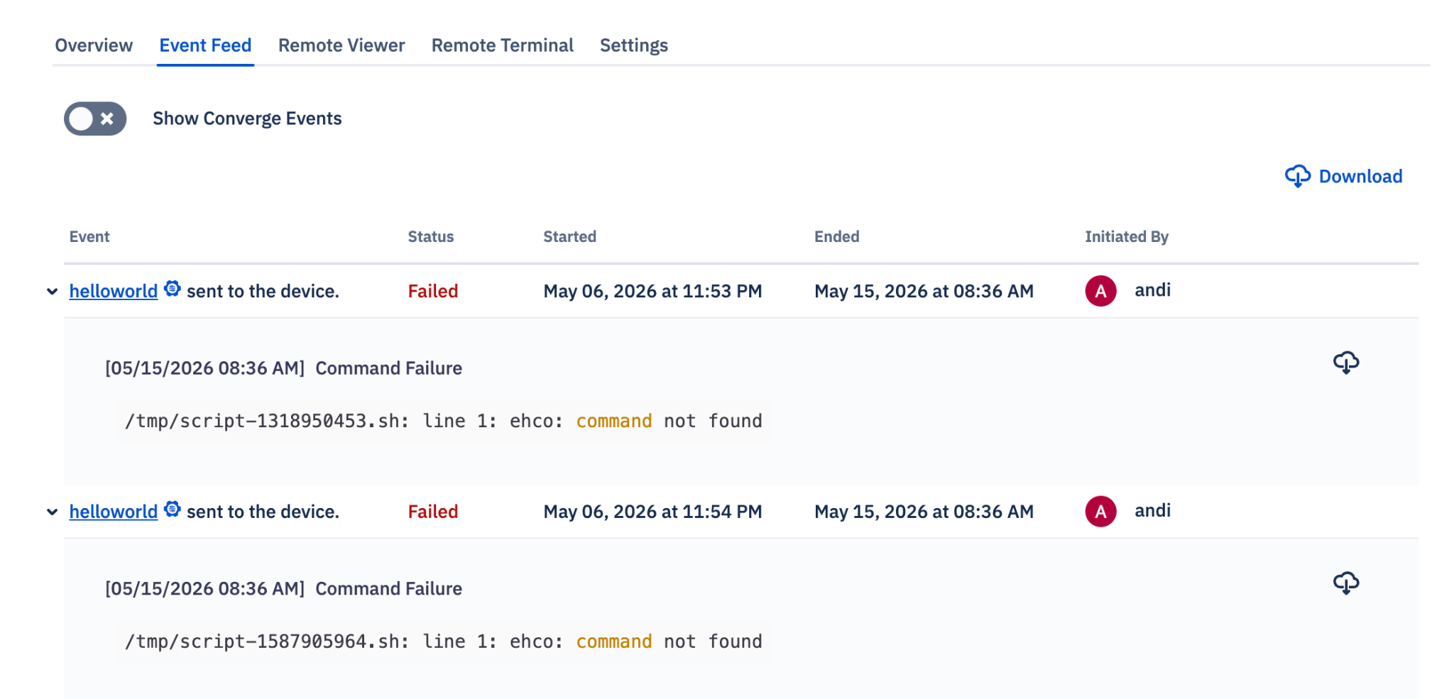 The Event Feed tab on a device detail page, showing two expanded script events for a command called "helloworld" both with a Failed status. Each event displays a timestamped output snippet showing a shell error: the script attempted to run ehco (a misspelling of echo), resulting in a "command not found" error. A download icon appears on each event row.