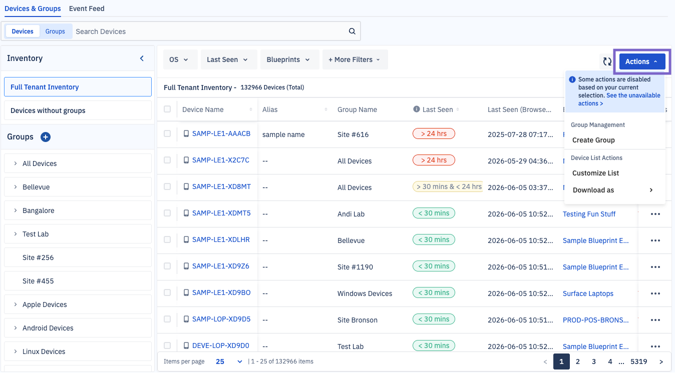 The actions button highlighted showing a dropdown for actions Create group, customize list, and download 