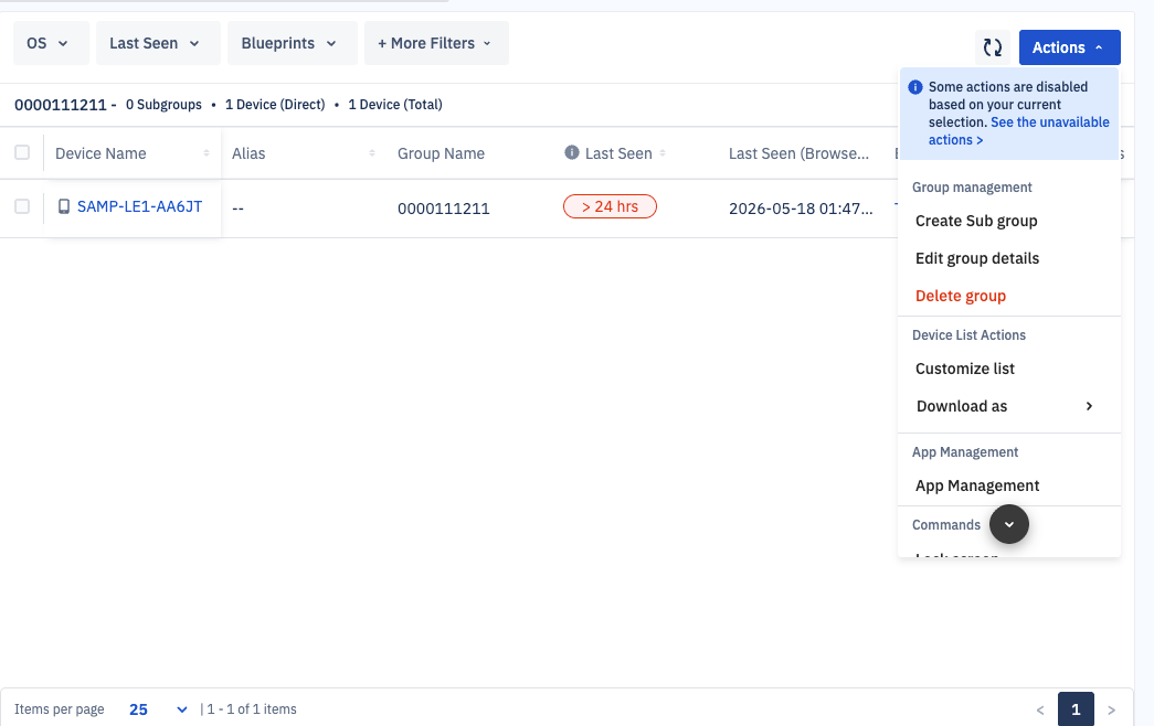 A device in a group with an action being applied to it. The action dropdown is opened and options such as create sub group and app management are available.