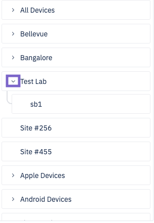 The Test Lab group in the groups list with the caret highlighted. There is an "sb" child group beneath it.