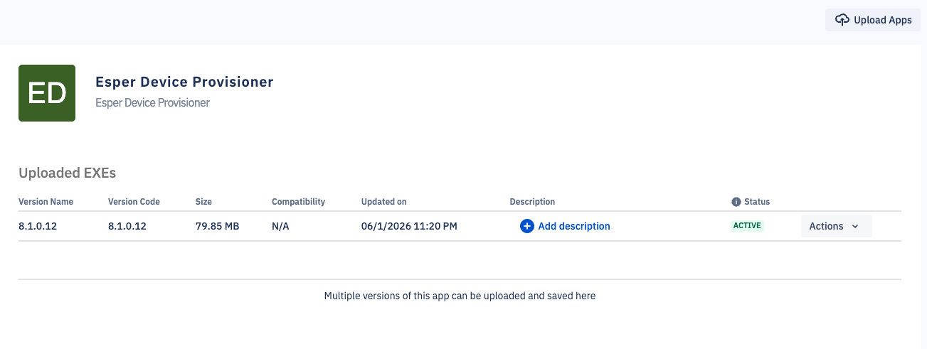 An EXE app in the Apps section of the console.
