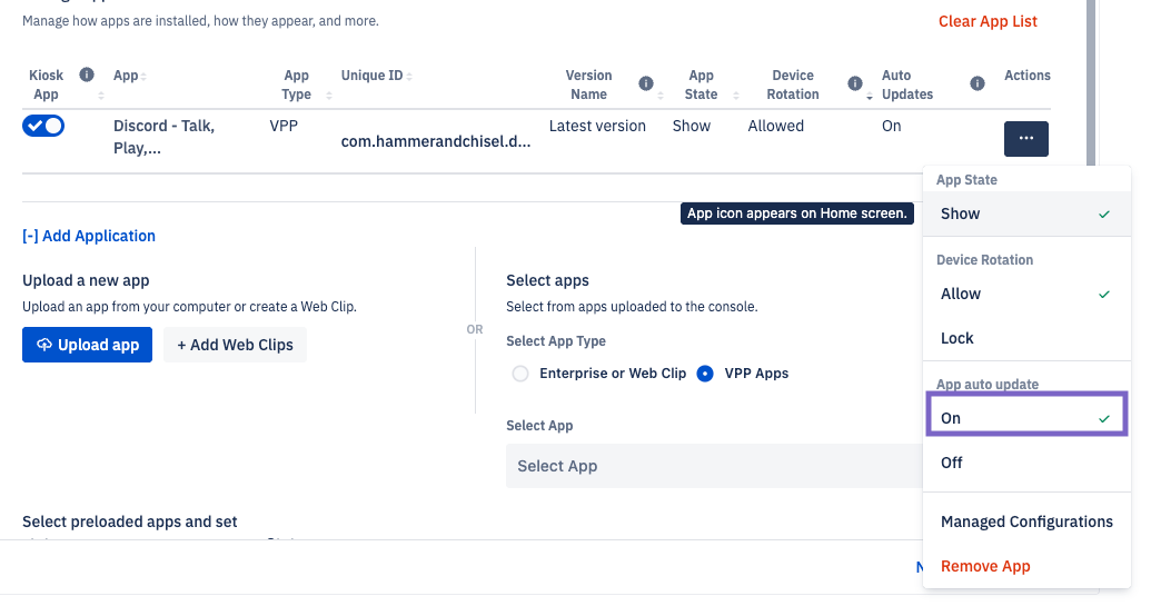 The Apple devices section of a blueprint showing app auto upgrade on for a VPP app
