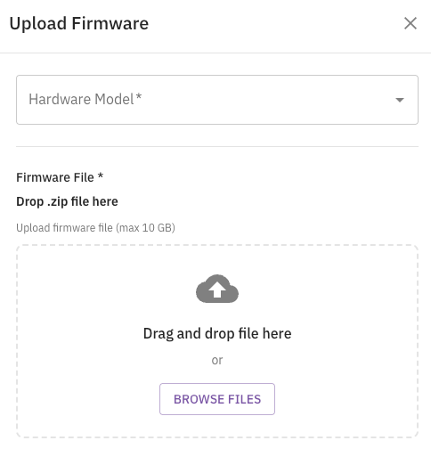   The Upload Firmware modal with a Hardware Model dropdown, Build Type options (Full Build selected, Delta Build unselected), a Build Properties File upload area prompting to drop the build.prop file, and a Firmware File upload area for the .zip file. Cancel and Upload Firmware buttons appear at the bottom.