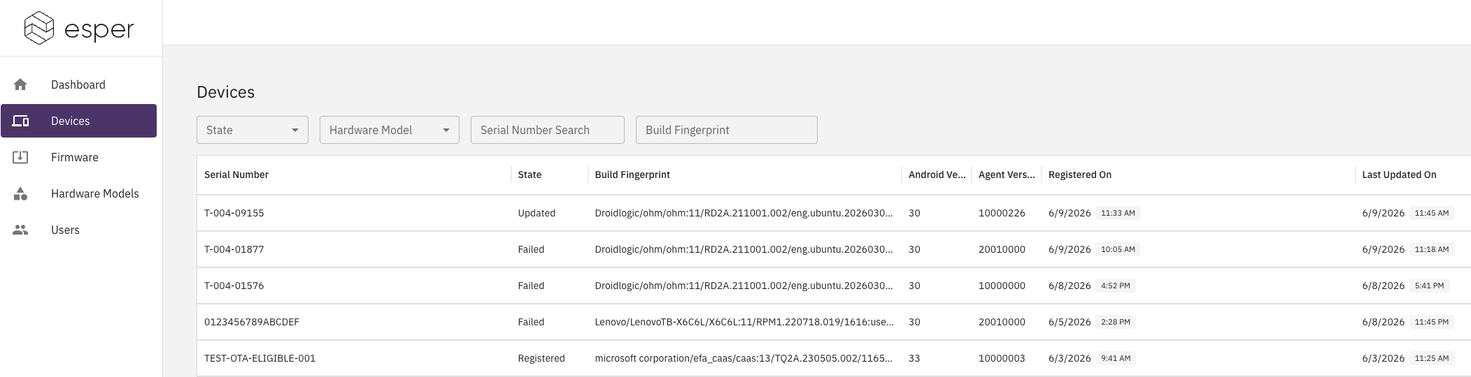   The Airwave Firmwares list showing three firmware entries for Microsoft Surface Go 2 and TES IDC_Series models, all with a "released" state. Columns include ID, Build Number, Model, Variant, State, Release Notes, File Size, Upload Date, and Actions.