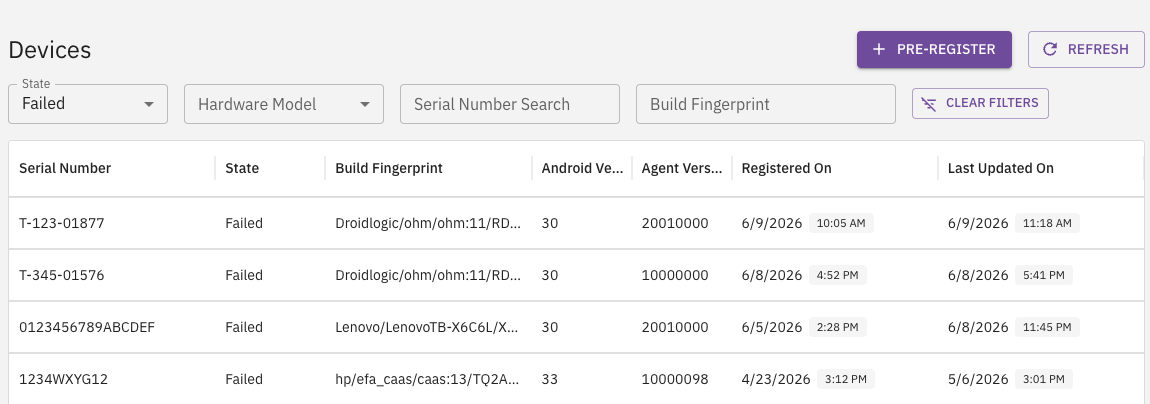 The Airwave Devices list showing nine registered devices. Columns display Serial Number, State (Registered or Updated), Build Fingerprint, Android Version, Agent Version, Registered At, and Last Updated. A Pre-Register button and State filter appear in the top-right corner.