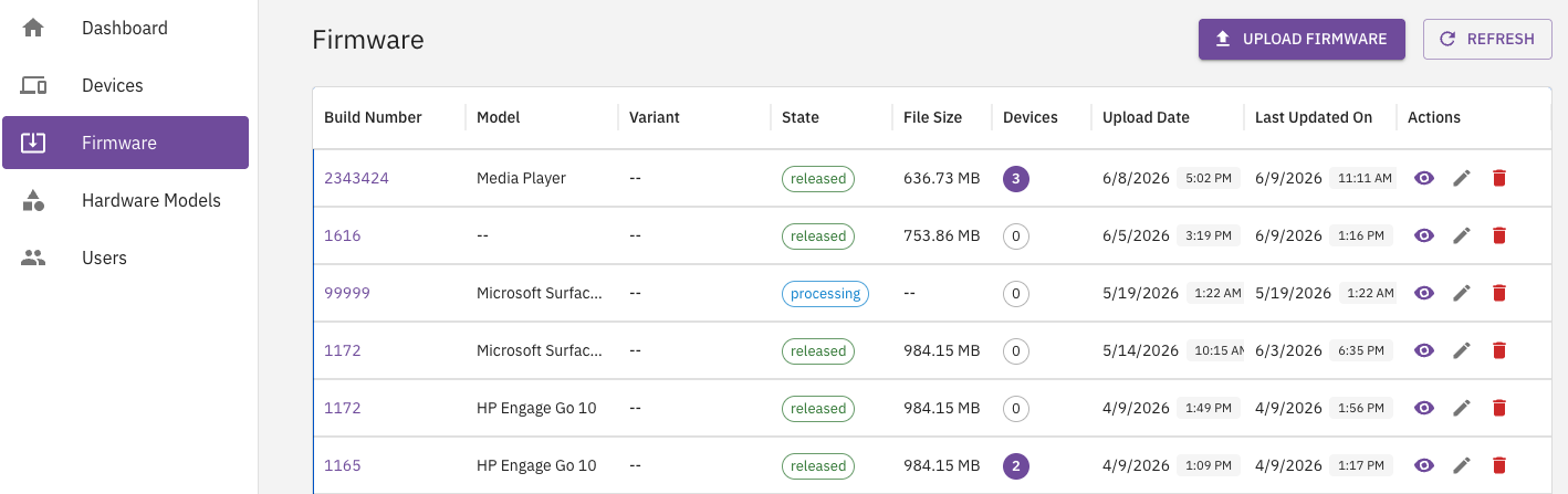 The Airwave Firmwares list showing 12 firmware entries across multiple hardware models. States include "processing" and "released." Columns include Build Number, Model, Variant, State, File Size, Devices, Upload Date, Updated, and Actions.