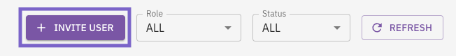 The Users page toolbar with the Invite User button highlighted, alongside Role and Status filter dropdowns and a Refresh button.