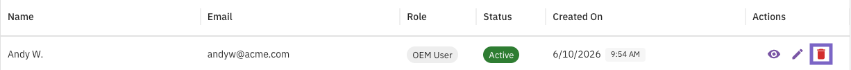 The Users table showing Andy W. with role OEM User and Active status. The delete icon in the Actions column is highlighted.