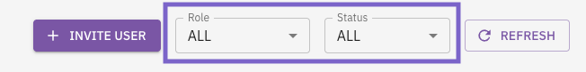 The Users page toolbar with the Role and Status filter dropdowns highlighted.