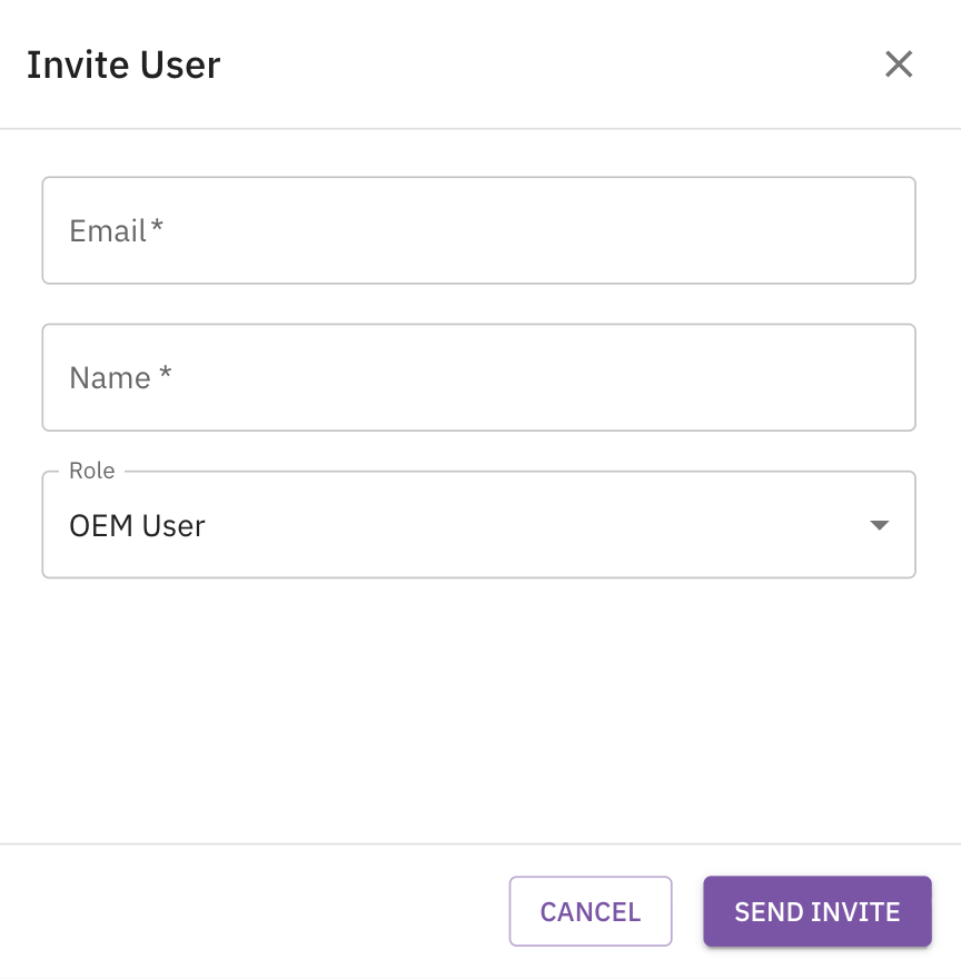 The Invite User dialog with fields for Email, Name, and Role (set to OEM User), and Cancel and Send Invite buttons.