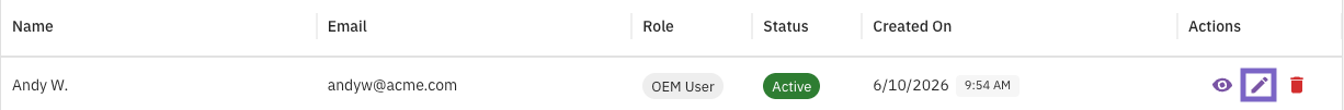 The Users table showing Andy W. with role OEM User and Active status. The edit icon in the Actions column is highlighted.