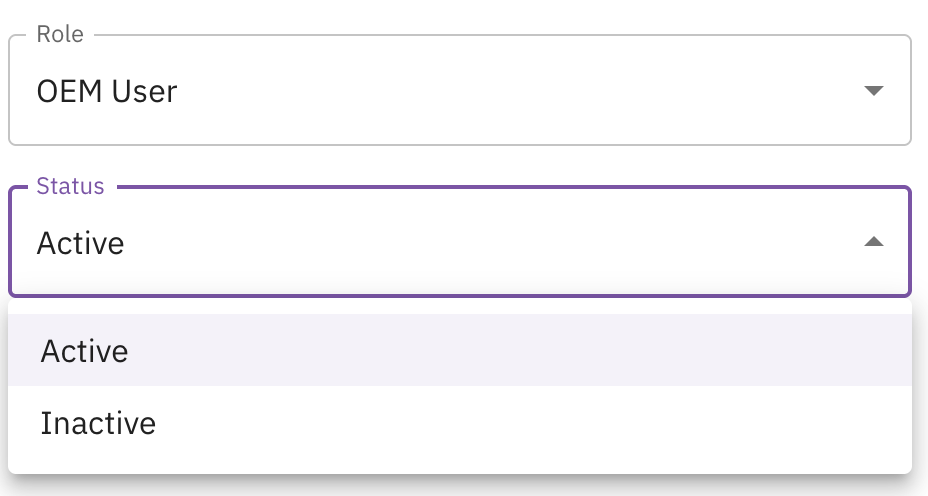 The Status dropdown in the edit user panel, expanded to show Active and Inactive options.