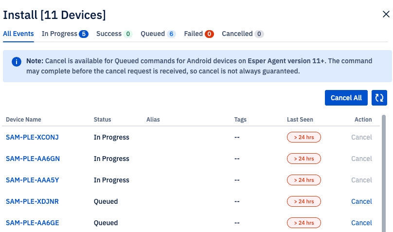 An install modal showing the cancel option for devices in the queued state.
