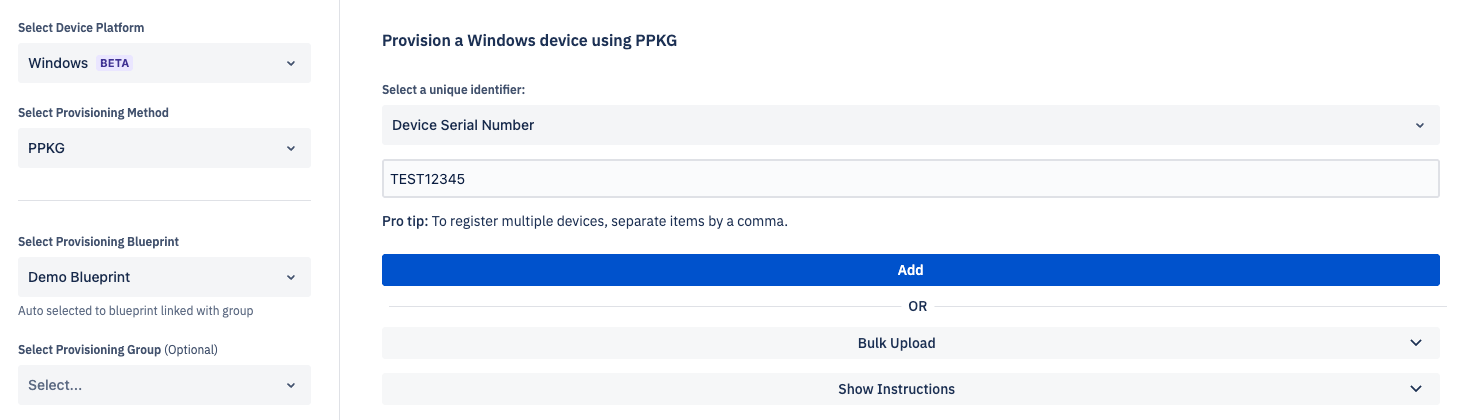 The Esper console provisioning flow showing Windows (BETA) selected as the device platform and PPKG as the provisioning method. A serial number has been entered in the Device Serial Number field, with an Add button and a Bulk Upload option below.