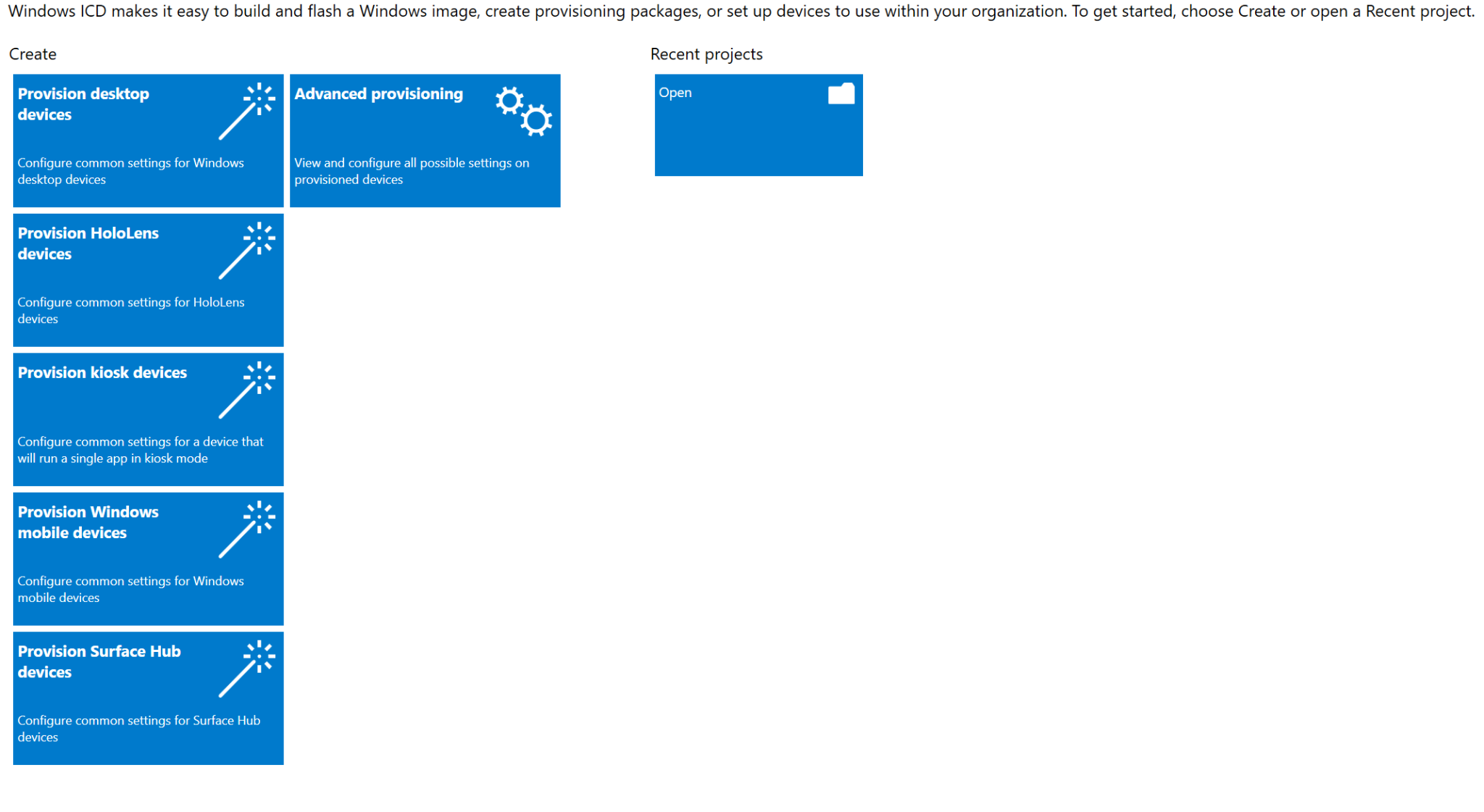 The Windows Configuration Designer start page showing project type options under Create, including Provision desktop devices and Advanced provisioning. A New project dialog is open with All Windows desktop editions selected.