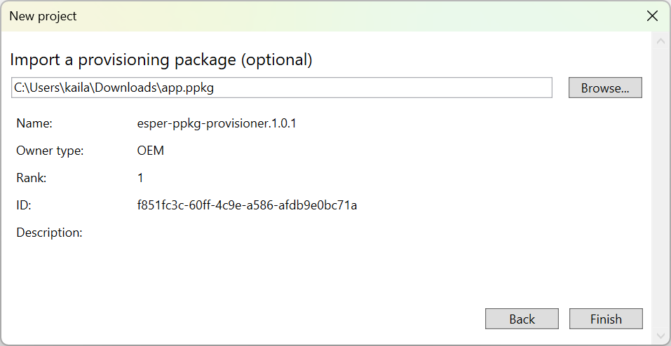 The New project dialog in Windows Configuration Designer showing the Import a provisioning package step. The file path C:\Users\kaila\Downloads\app.ppkg is entered, and package details are displayed below: Name is esper-ppkg-provisioner.1.0.1, Owner type is OEM, Rank is 1, and an ID is shown