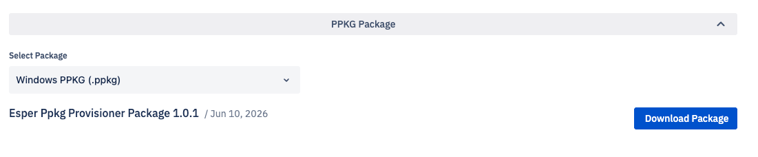 The PPKG Package section of the Esper console with Windows PPKG (.ppkg) selected from the Select Package dropdown. The Esper Ppkg Provisioner Package 1.0.1, dated Jun 10, 2026, is listed with a Download Package button on the right.