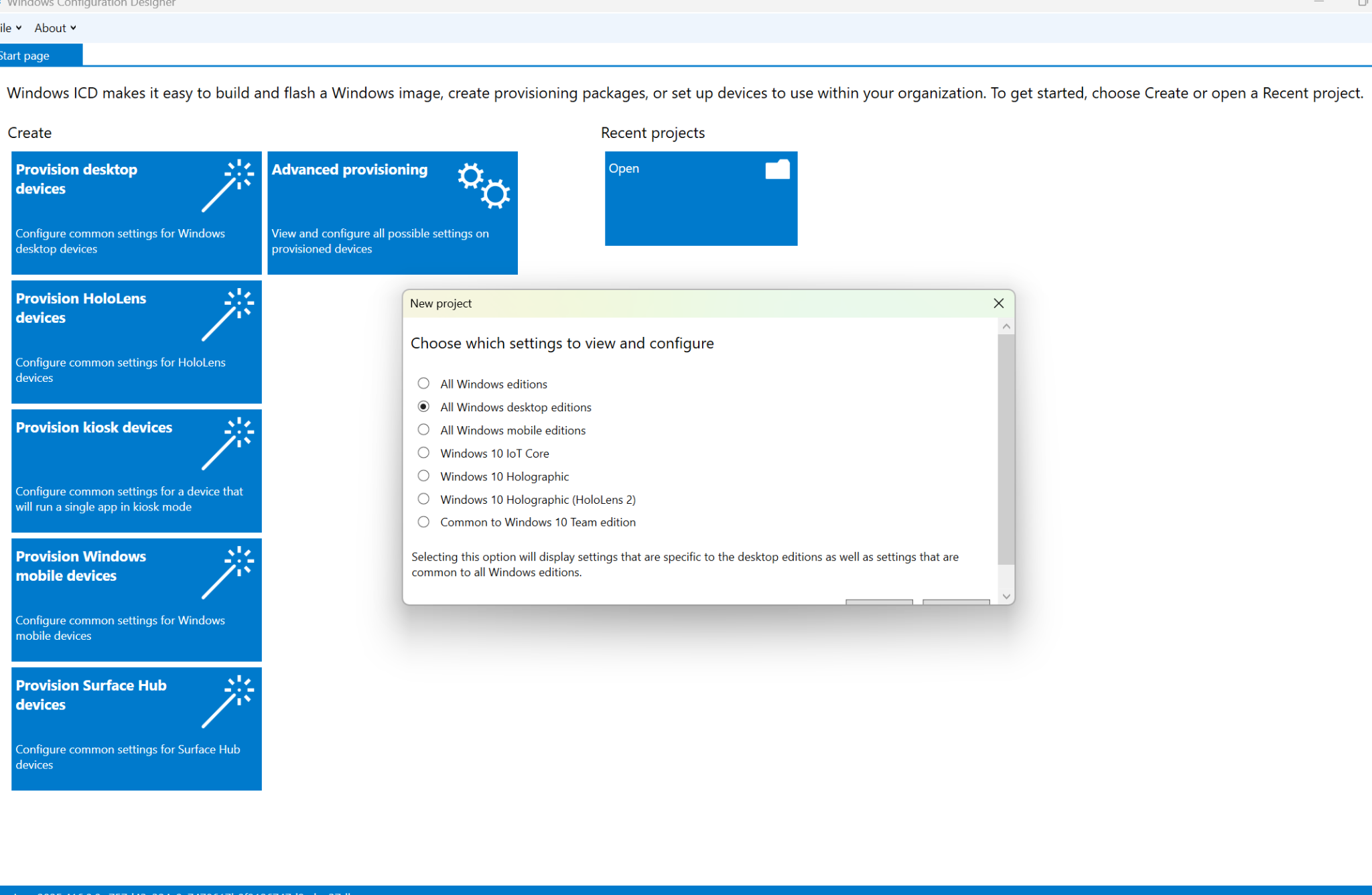 The Windows Configuration Designer start page showing project type options under Create, including Provision desktop devices and Advanced provisioning, with an Open tile under Recent projects.