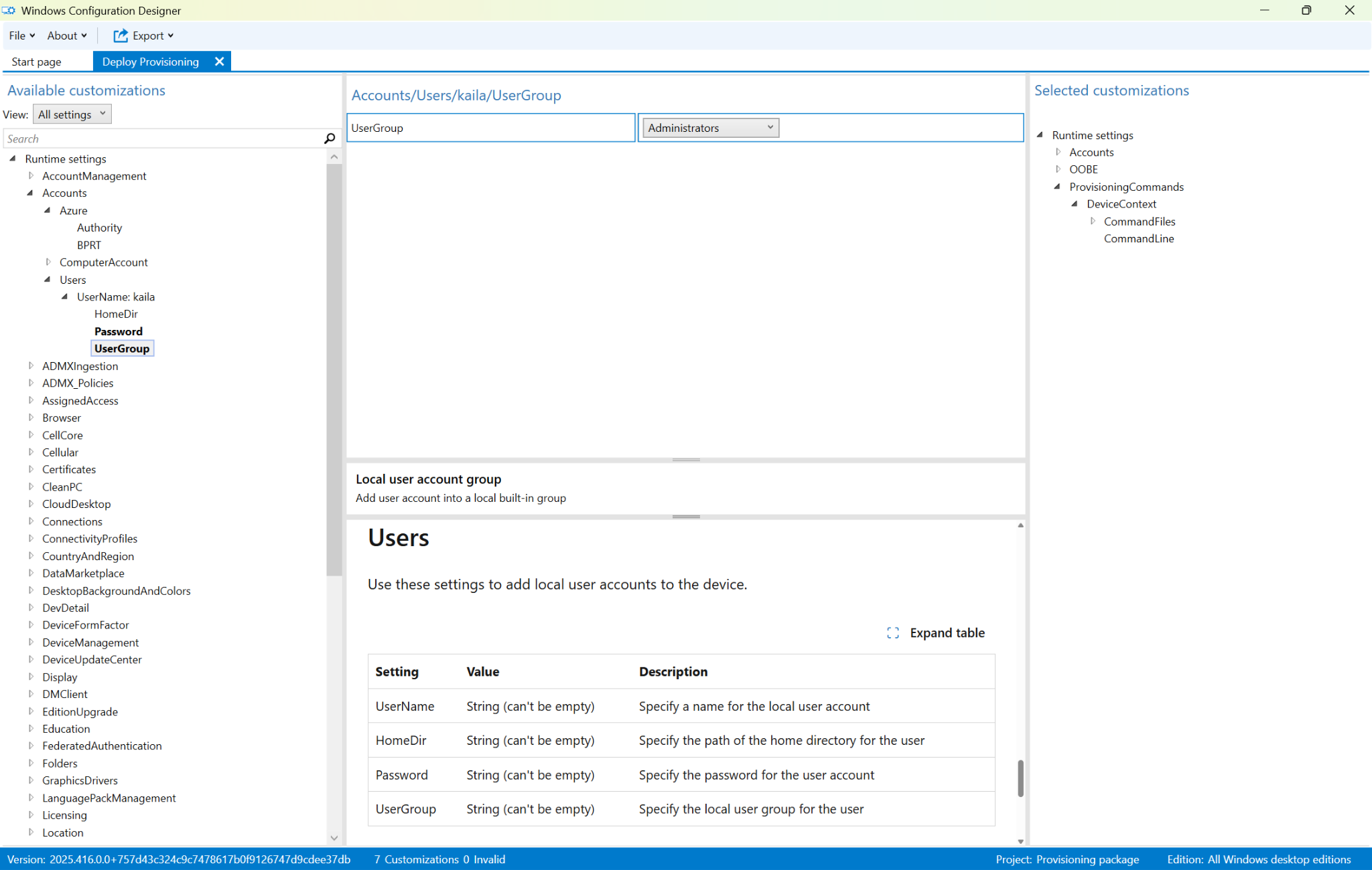 Windows Configuration Designer showing the Accounts/Users/kaila/UserGroup setting. In the Available customizations panel, UserGroup is selected under Runtime settings > Accounts > Users > UserName: kaila. The setting value is set to Administrators. The Selected customizations panel on the right shows Runtime settings > ProvisioningCommands > DeviceContext > CommandFiles and CommandLine