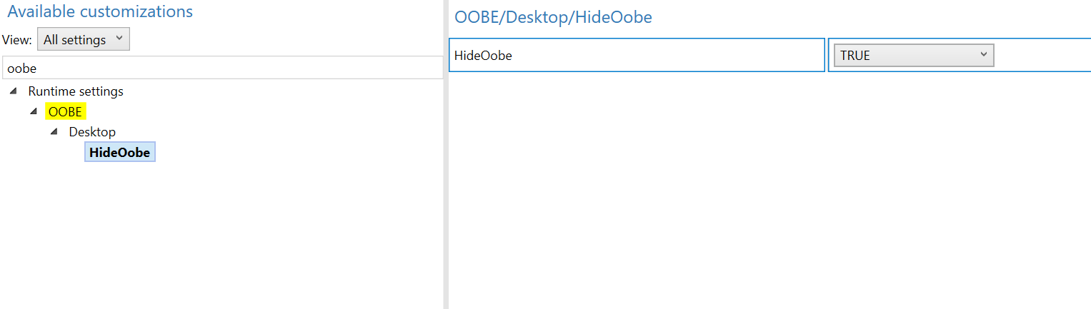 Windows Configuration Designer showing the OOBE/Desktop/HideOobe setting. In the Available customizations panel, HideOobe is selected under Runtime settings > OOBE > Desktop, with the search term "oobe" entered. The setting value on the right is set to TRUE