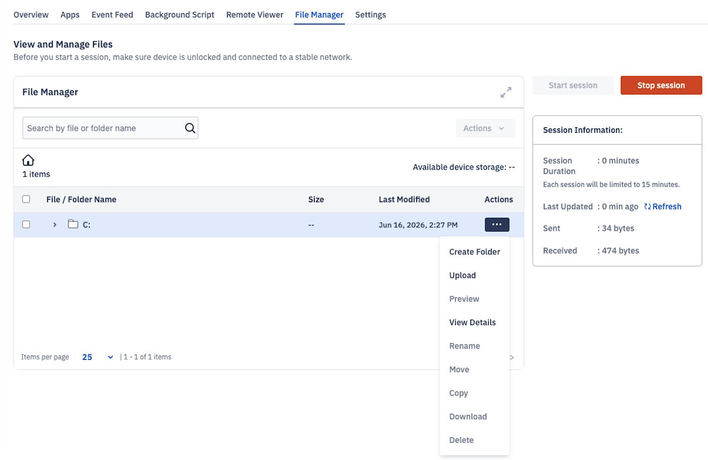 The actions open for the C: folder with available actions.