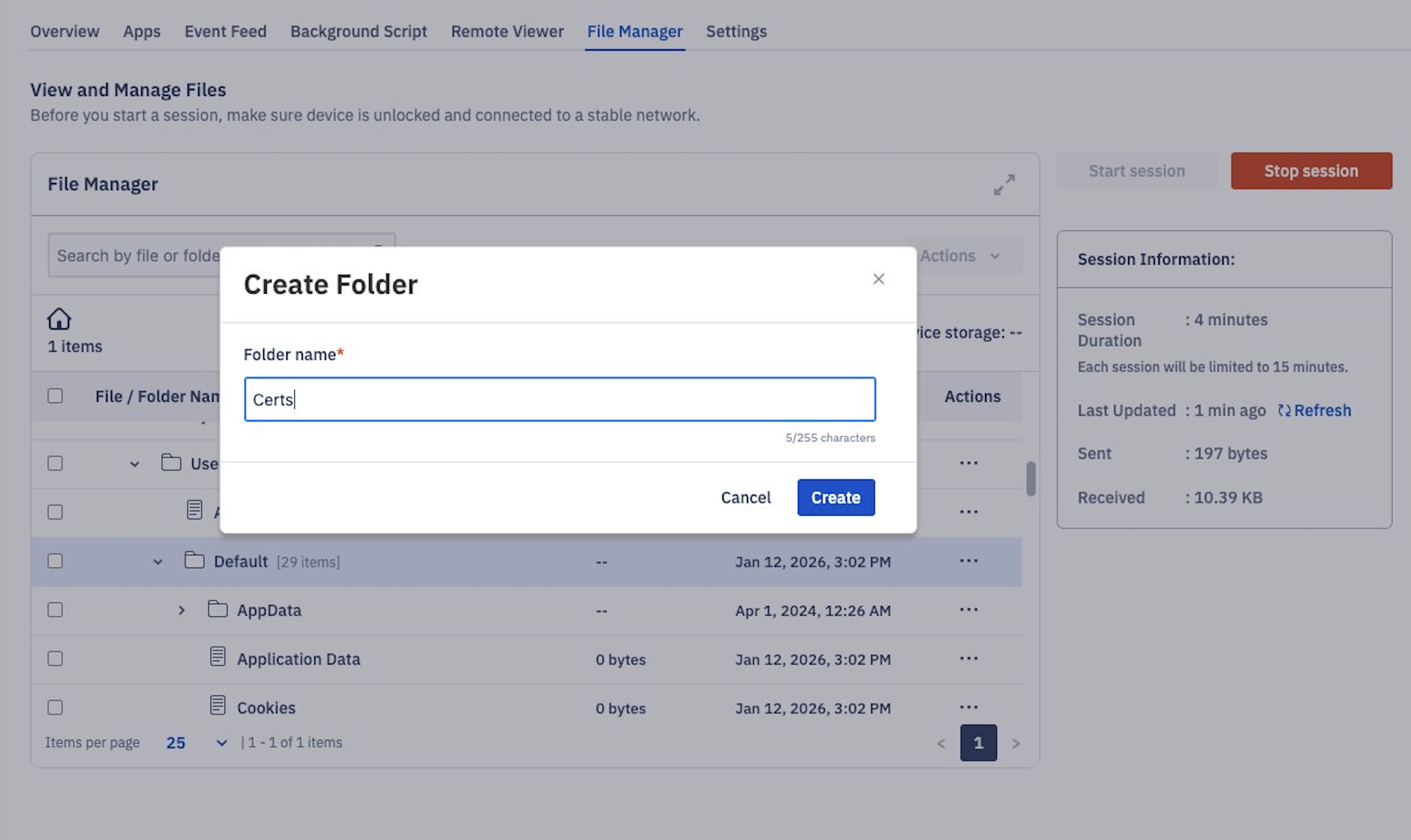 Creating a folder during a file manager session.