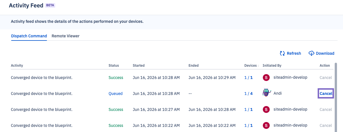 Cancel highlighted in the Activity Feed