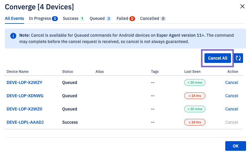 Cancell ALL button highlighted on the converge modal. Four devices in total, three in the queued state are eligible for cancellation.