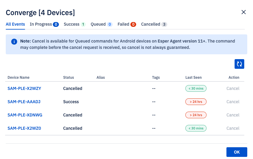 Devices showing the cancel state in the converge modal.