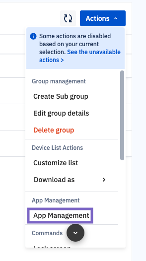 Actions button for a group showing App management which is highlighted.