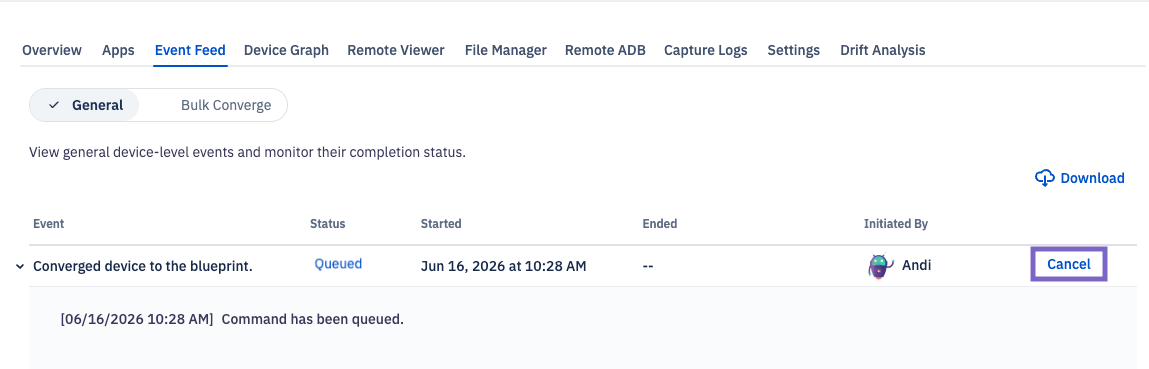 The cancel text highlighted for a queued device in the device's event feed.