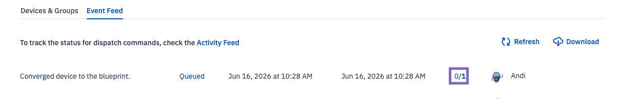 The devices & groups event feed showing 0/1 selected. 