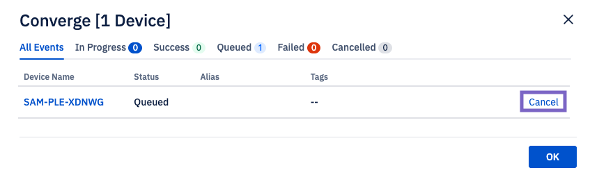 The converge modal showing cancel highlighted for a queued device.