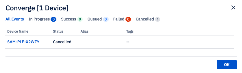The converge modal showing a device with the cancelled status.