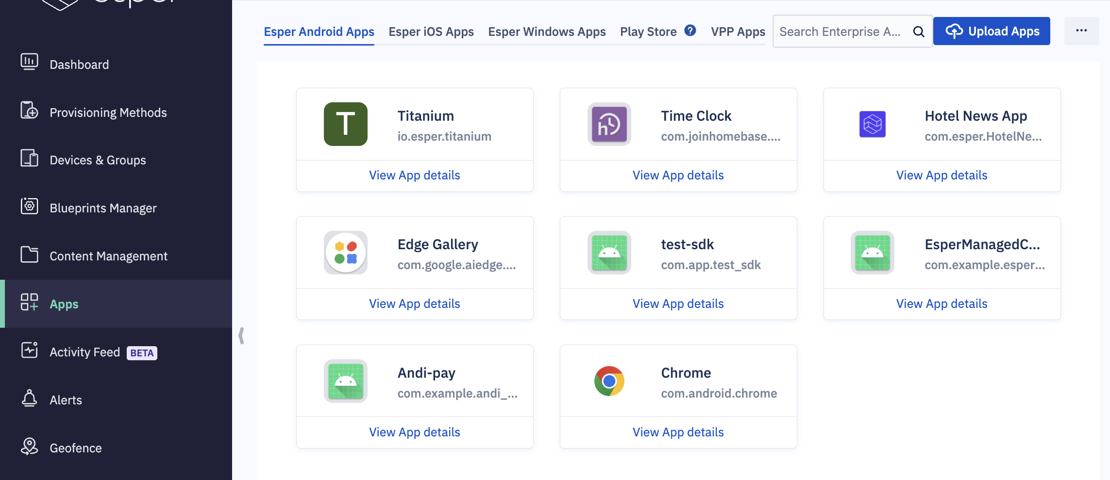 esper android apps with the upload apps button in the top right corner.png