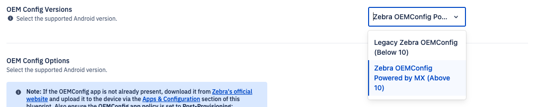 zebra oem config version with the dropdown showing legacy and oemconfig powered by mx options.png