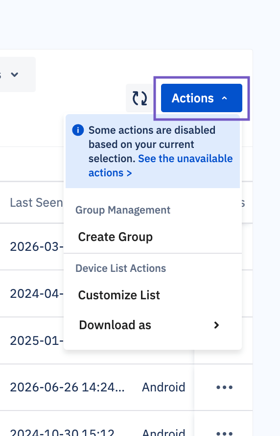 Actions button highlighted. In the dropdown Create New group is visible, as well as Customize List and Download as.png