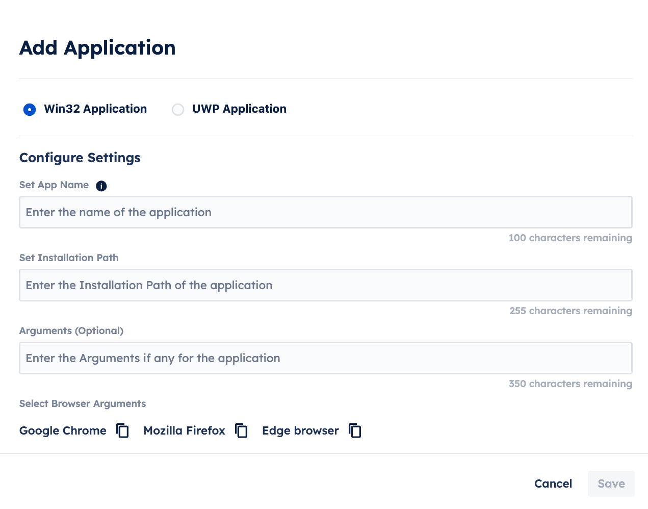 Add application modal showing Win32 and UWP application options. Win32 is selected with configure setting such as app name, installation path, and optional arguments.