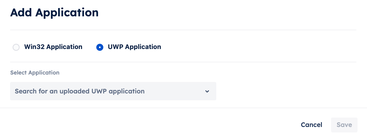 Add application modal showing Win32 Application and UWP application options.