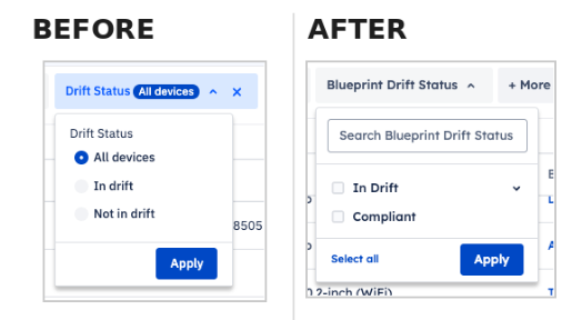 Drift before and after with drift status as not in drift and in drift in the before and In Drift and Compliant in the after.