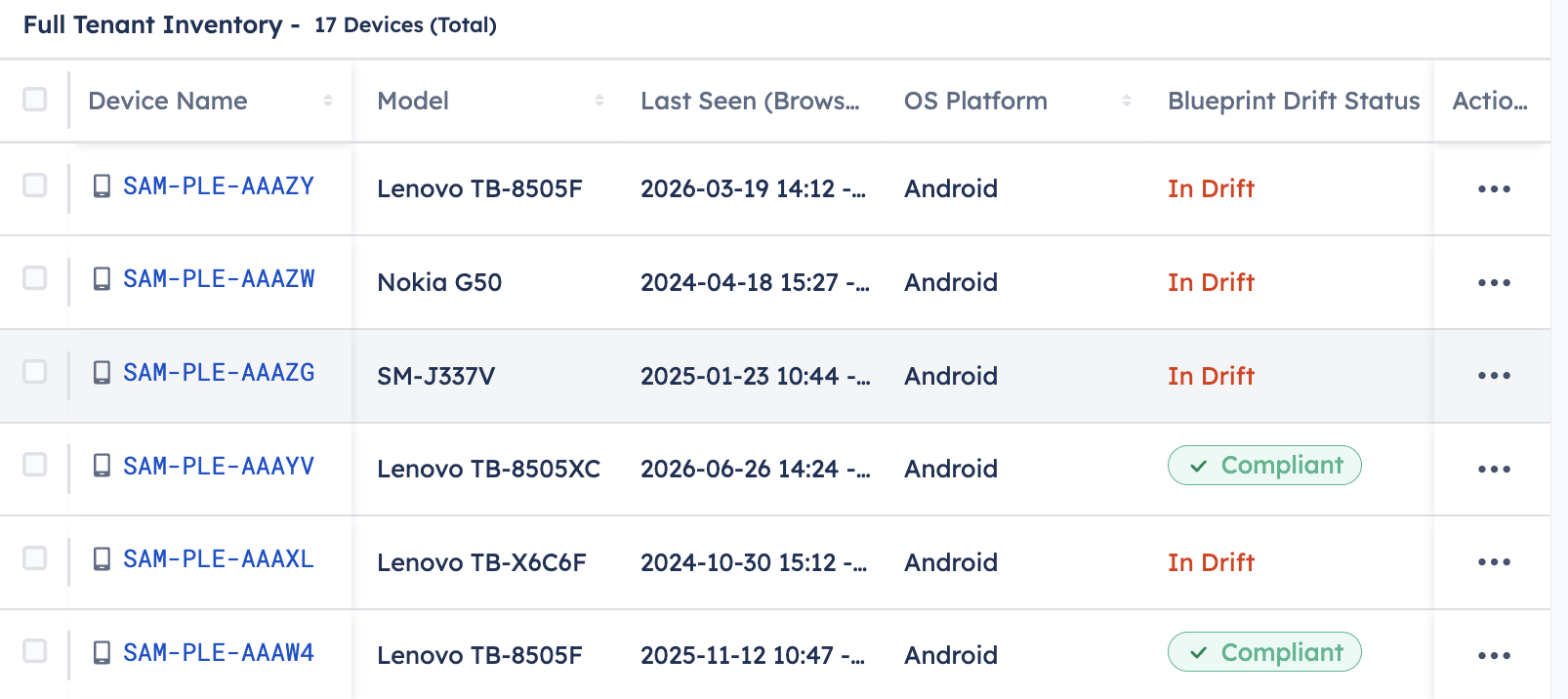 Devices & Groups view showing the blueprint drift status column with some devices labeled In Drift and some marked as Compliant.