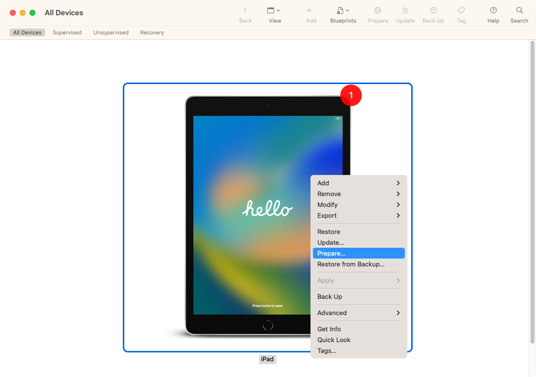 An ipad in apple configurator with its menu open and Prepare highlighted.