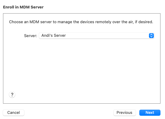 Enroll in mdm server modal with the organization's server selected.