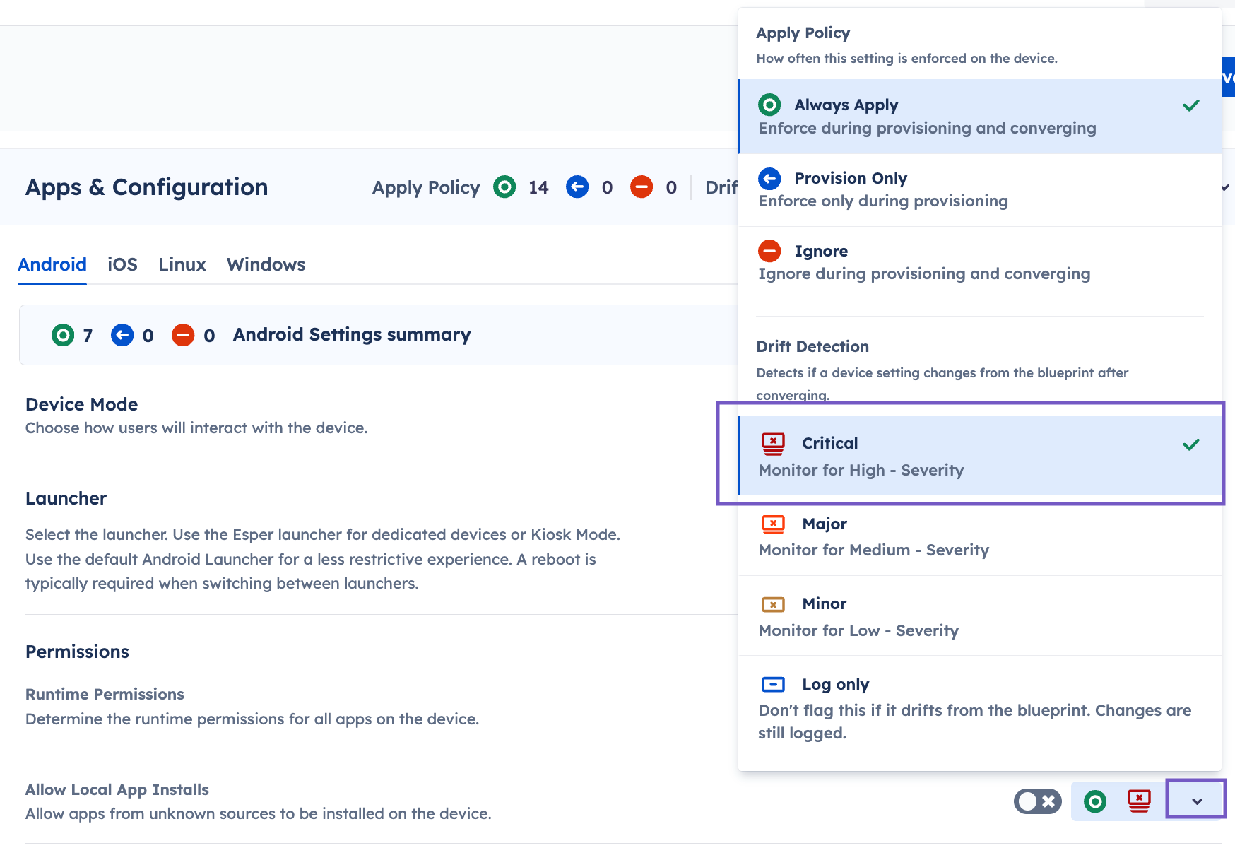 The apply policy and drift detection dropdown showing the Allow Local App Install option toggle disabled and marked as Critical drift.