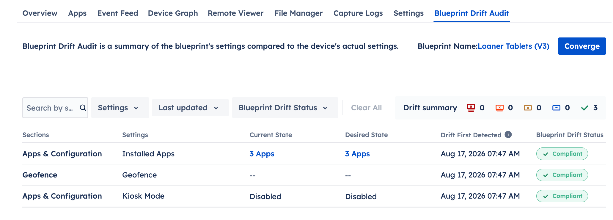 The Blueprint Drift Audit tab of a device showing settings such as Apps & Configuration marked as compliant.