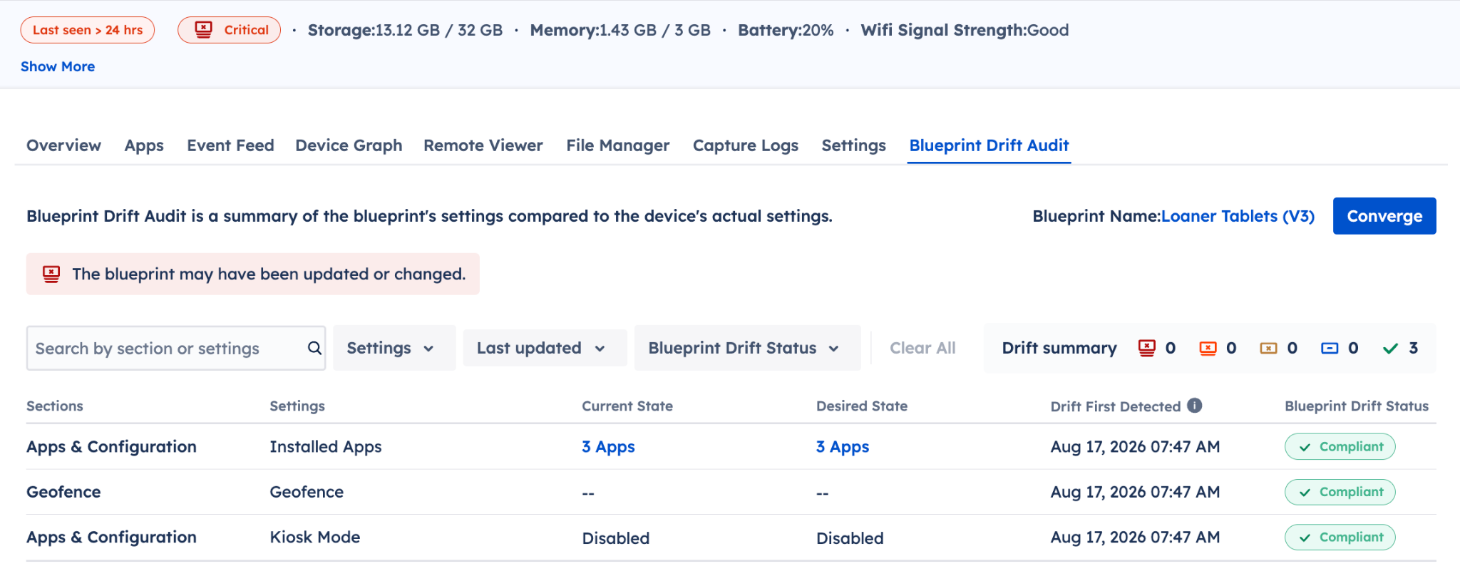 A Blueprint Drift Audit tab showing a warning the the blueprint may have been updated or changed and that the device is marked as critical despite all drift status marked as compliant.