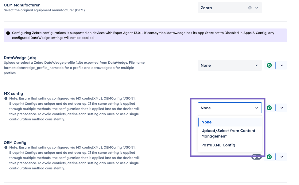 mx config dropdown open showing None, Upload:Select from Content Management and Paste XML Config options.png