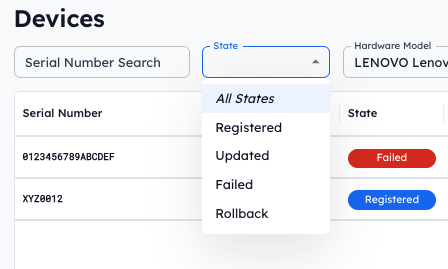 Device states dropdown menu opeend showing All States, Registered, Updated, Failed, and Rollback.png